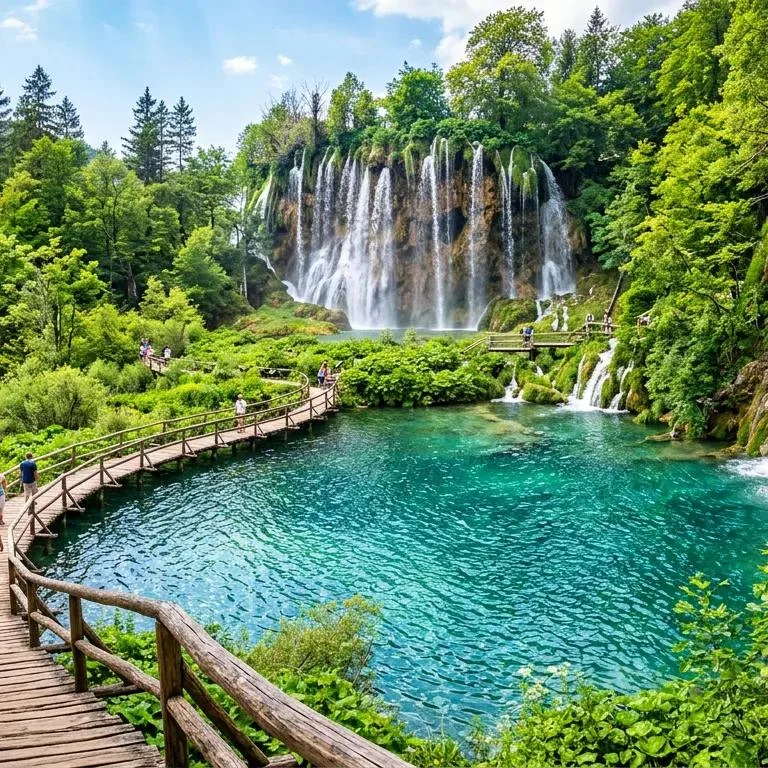 Cascading waterfalls and turquoise lakes in Plitvice Lakes National Park, Croatia